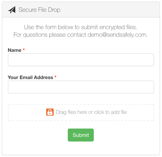 SendSafely Hosted Dropzone form.