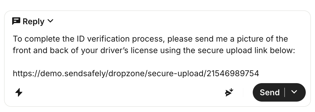 Intercom agents sends Dropzone upload link to customer.