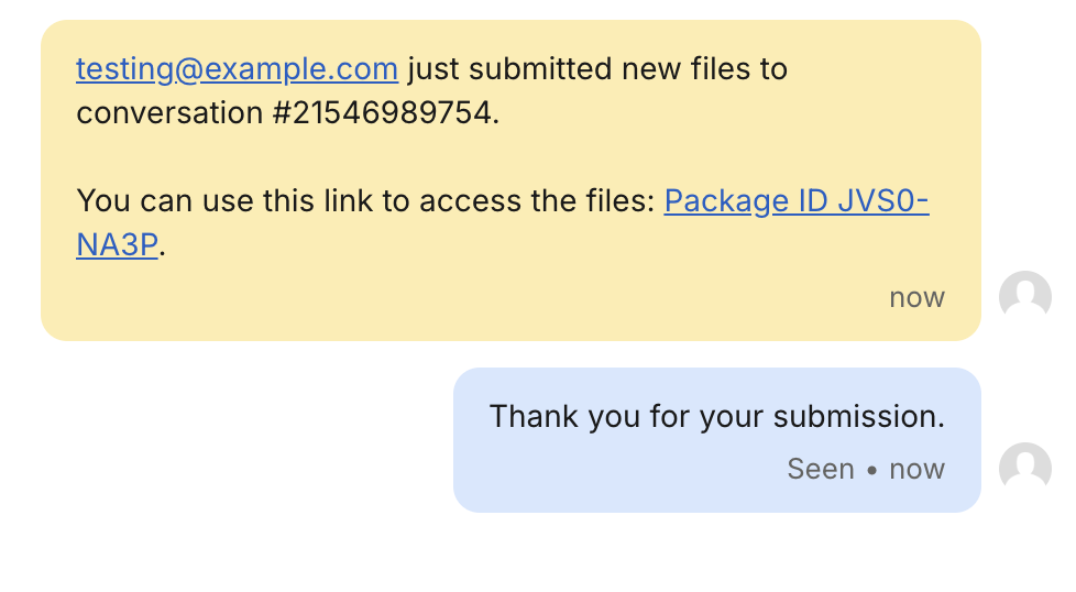 Intercom conversation is updated by Dropzone Connector with secure link to customer upload.