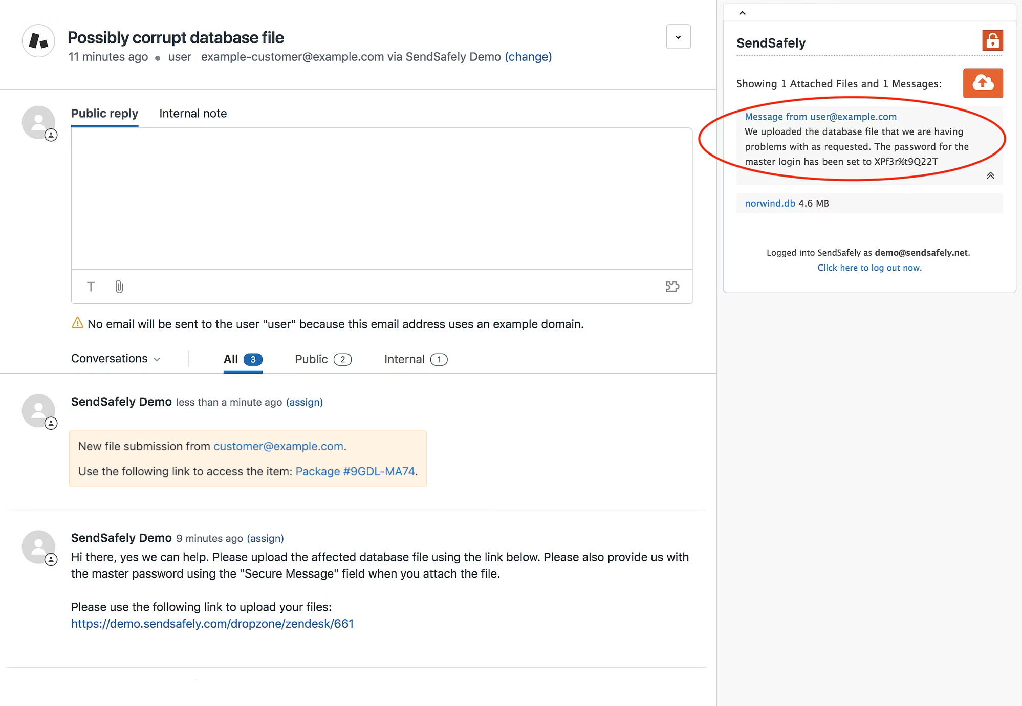 Zendesk ticket showing uploading of files securely with SendSafely integration.